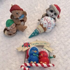 Vintage Resin Collectible Christmas Ornaments Birds, Bunnies, Racoon Set of 3